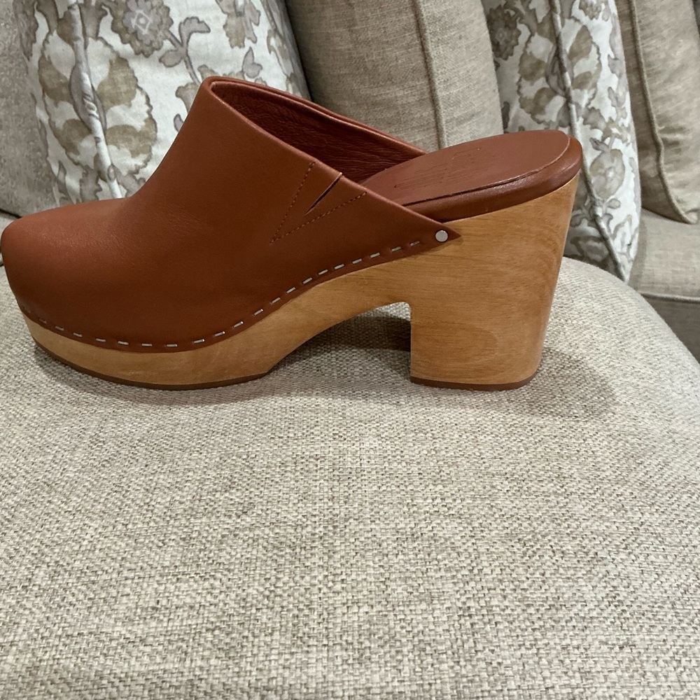 Charlotte Stone Marlo Chunky Wooden Platform Mule Clog Leather Luggage Brown 8 - Picture 12 of 13